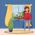 Lettering let`s stay home. Girl in a red sweater and jeans watering aome plant near round carpet and a window with yellow curtains Royalty Free Stock Photo